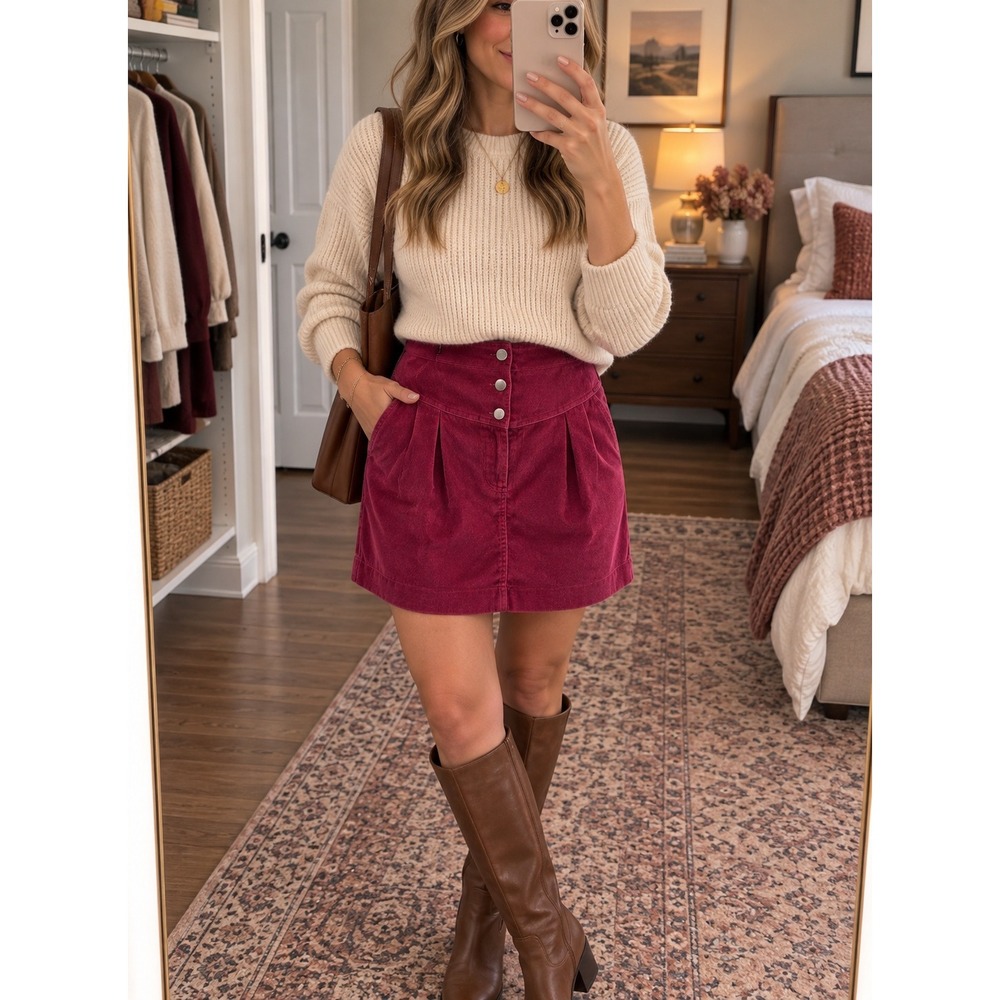 Rebecca Minkoff Corduroy Mini Skirt Button Front Pleated Berry Red Size 8